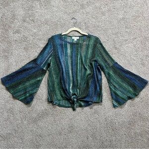 Studio JPR Retro Striped Blouse Bell Sleeves Size Large Blue Green Color